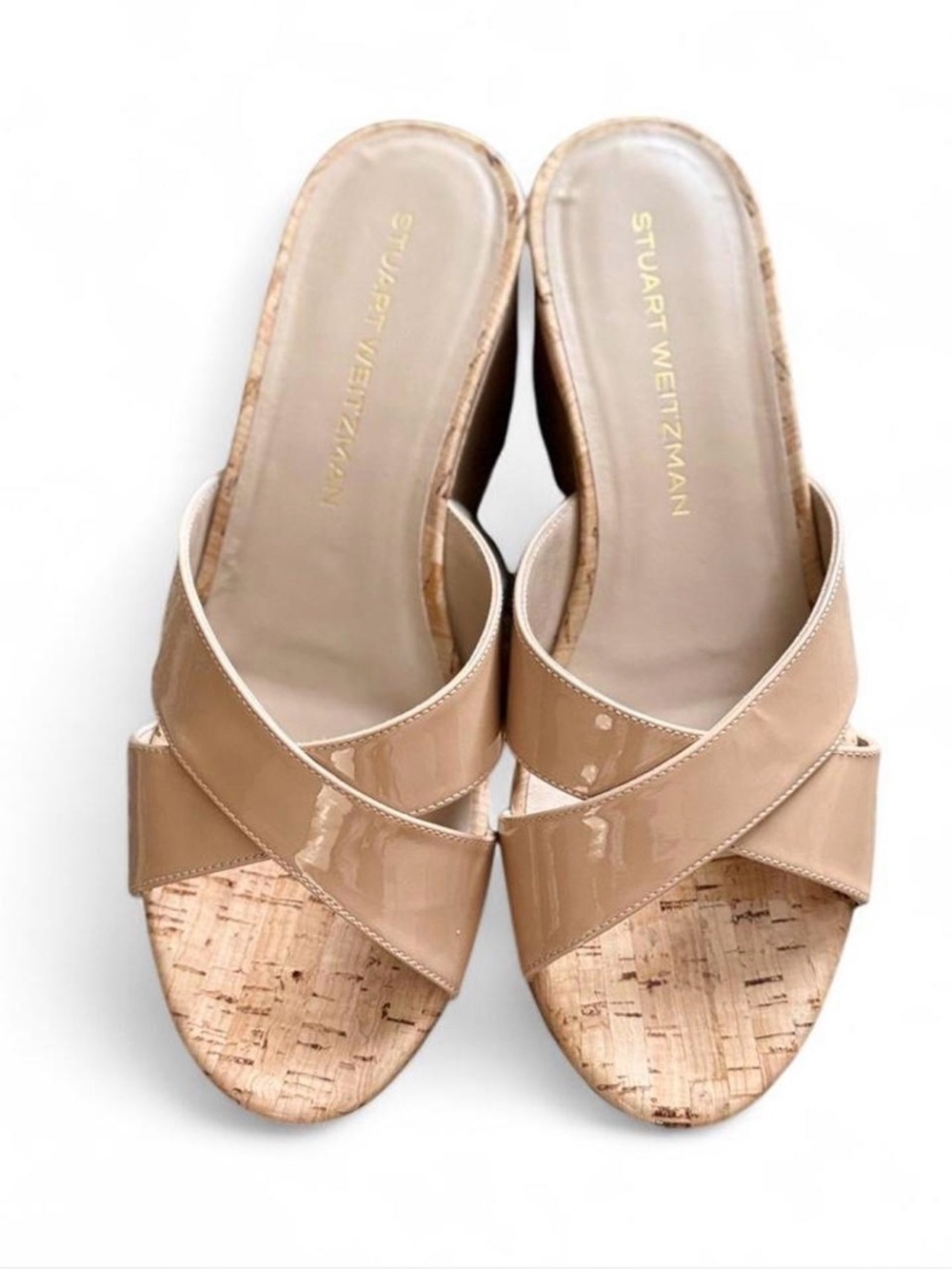 Stuart Weitzman Dayana Beige Patent Cork Wedge Slide